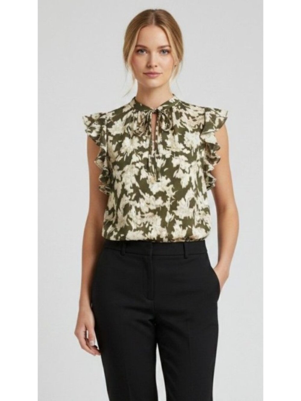 Nordstrom Rack Ruffle Sleeve Tie Neck Top, Olive Burnt-Ivory Fiona Floral, S